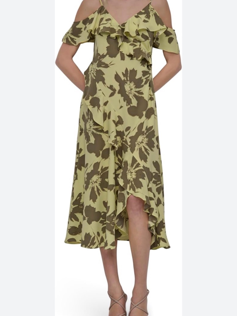 DKNY Chiffon Summer Dress  Fit & Flare Cold Shoulder| Asymmetric Ruffle Hem